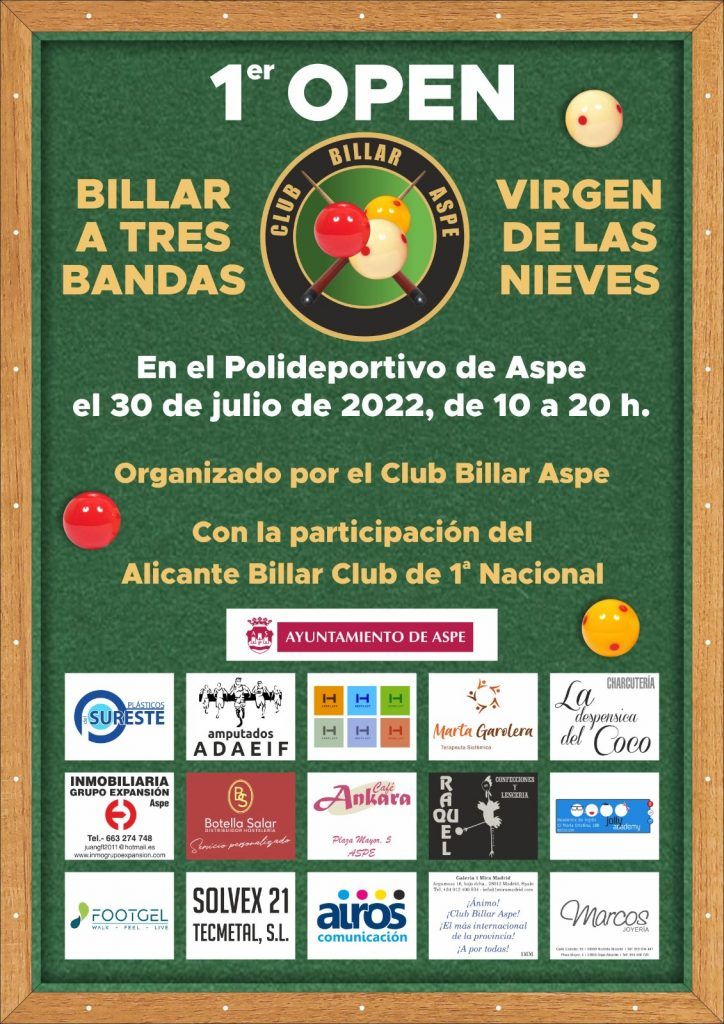cartel primer open billar tres bandas Virgen de las Nieves 2022.